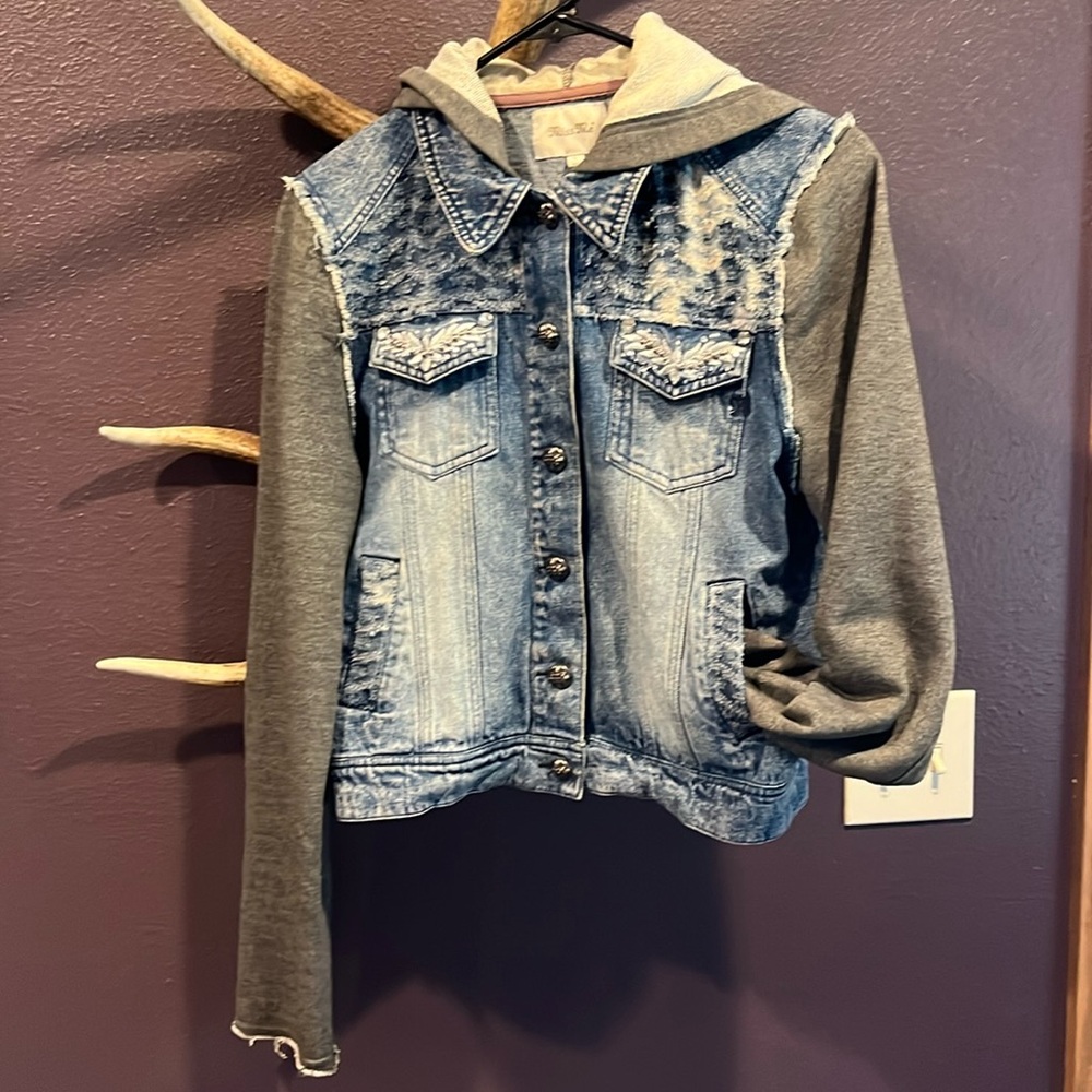 Miss Me women’s jean jacket with sweat shirt combination.